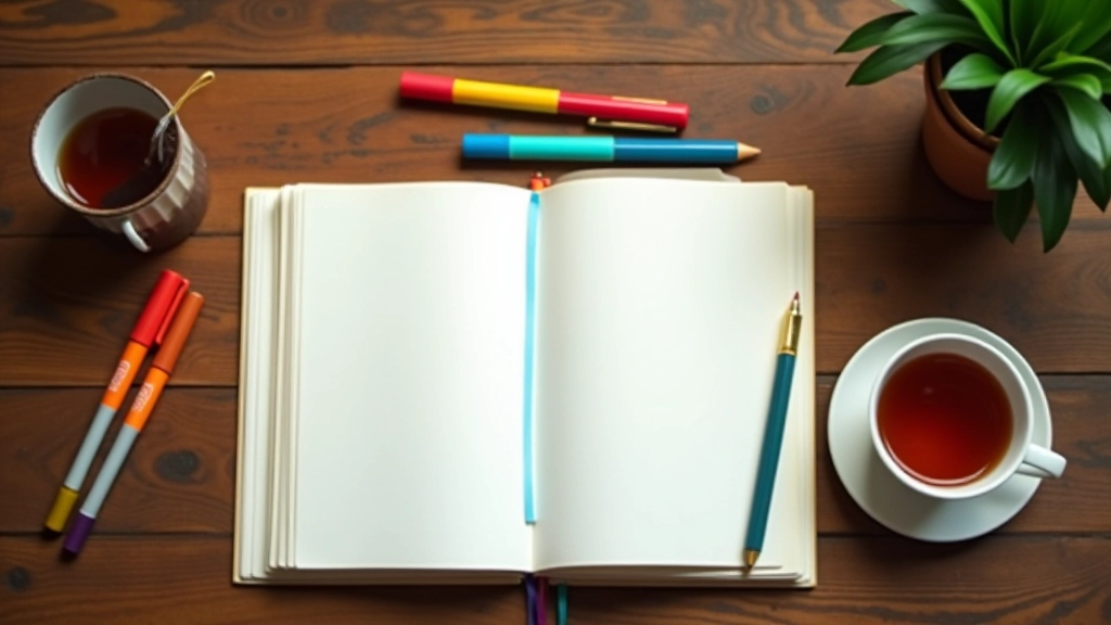 Hands holding open journal with colorful bookmarks, creative writing setup with markers and tea nearby