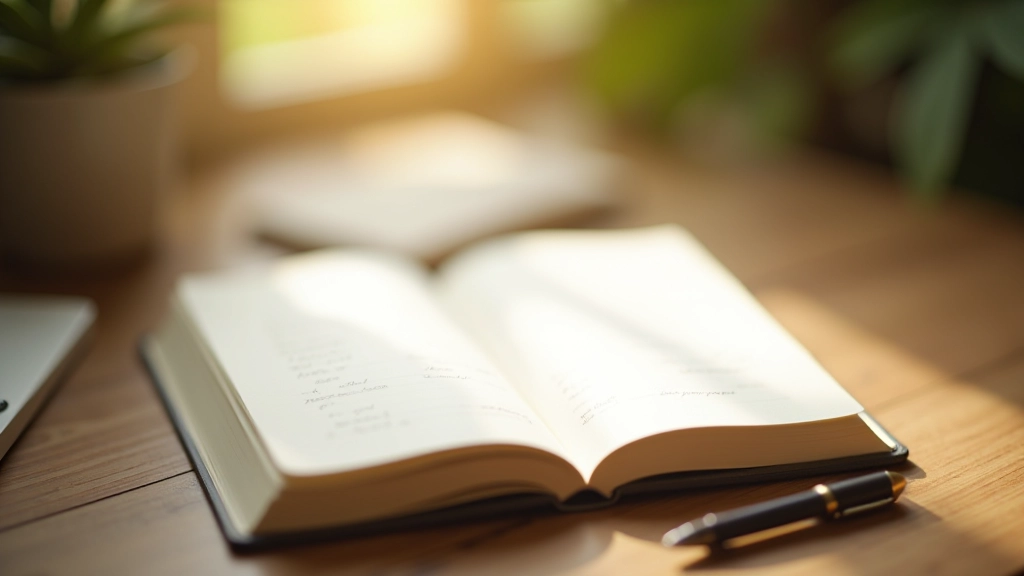 Open journal with pen resting on pages, sitting on wooden desk with morning light