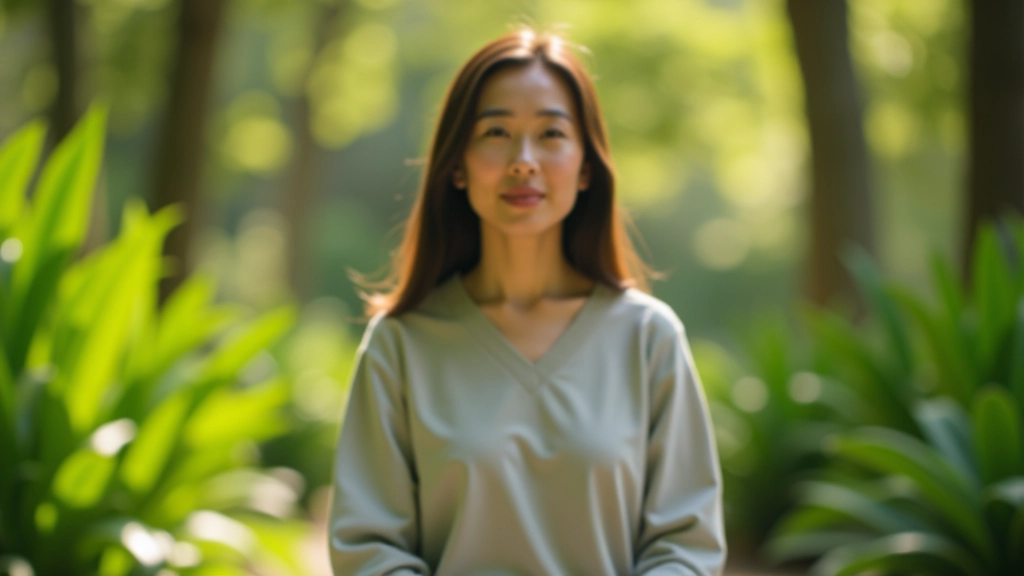 Person sitting peacefully in garden with botanical elements, morning light creating calm atmosphere