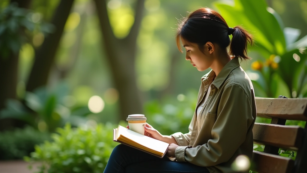 Person writing in journal during outdoor mindfulness session with garden backdrop
