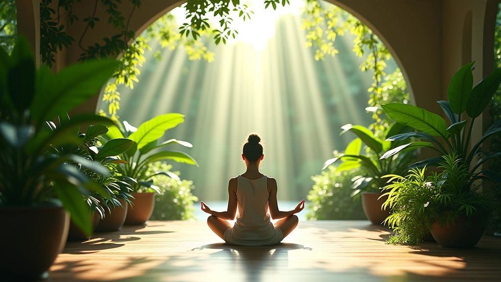 Peaceful meditation space in botanical garden with soft natural light and lush greenery